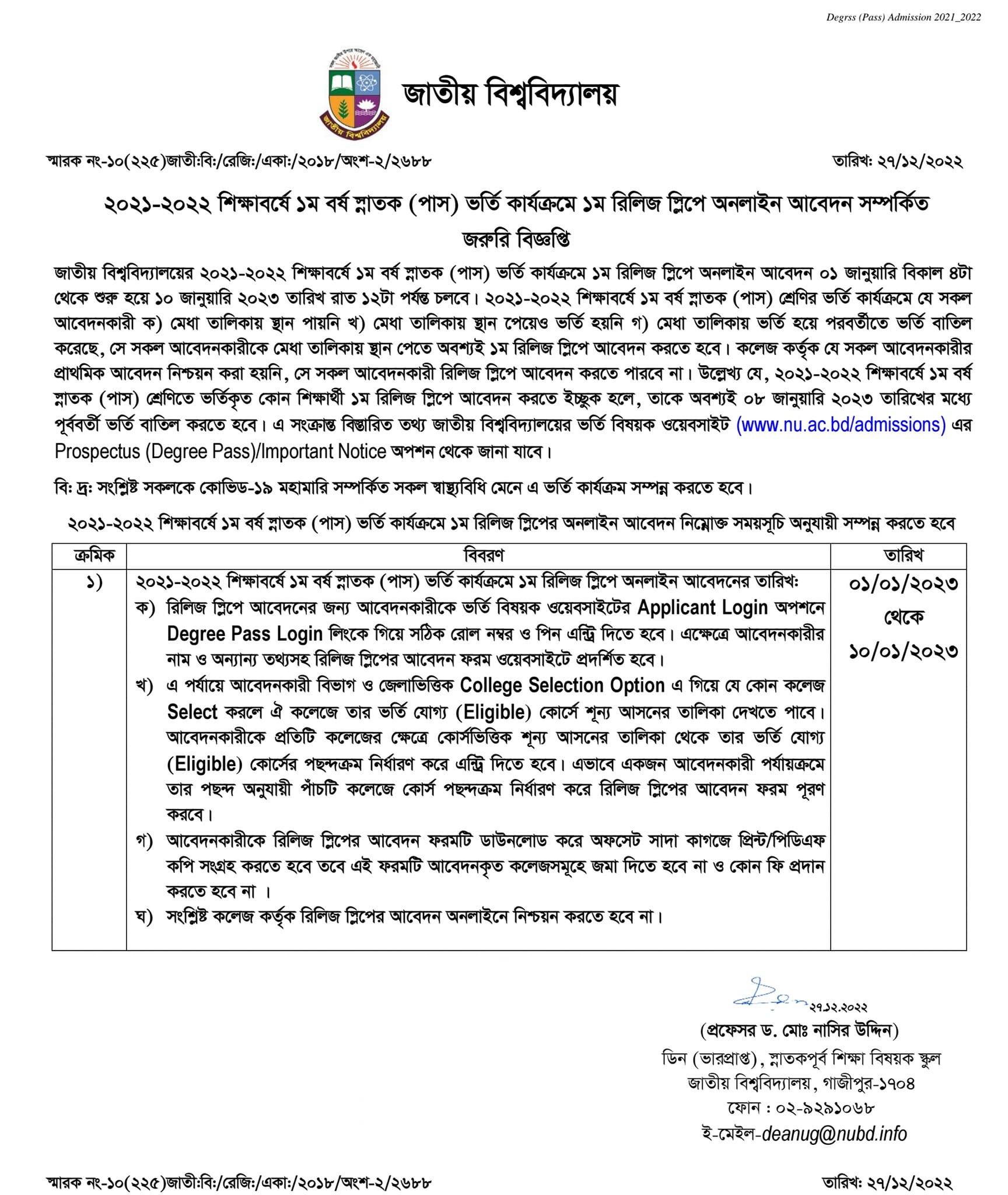 NU Degree 1st Release Slip Result Notice 2022 (merit list)