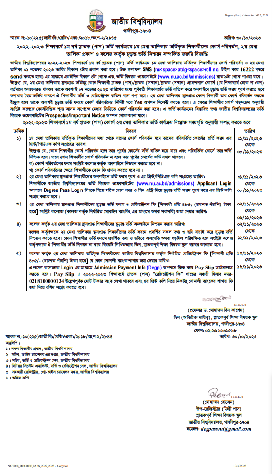 NU Degree 1st Release Slip Result Notice 2023 (merit list) 1